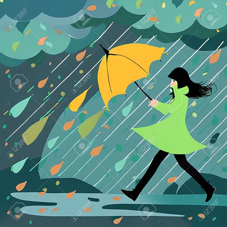 the girl runs for an umbrella
