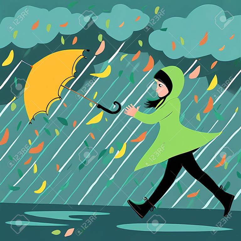 het meisje rent voor een paraplu