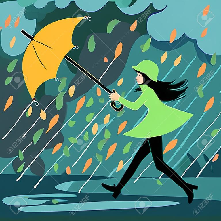 A menina corre para um guarda-chuva