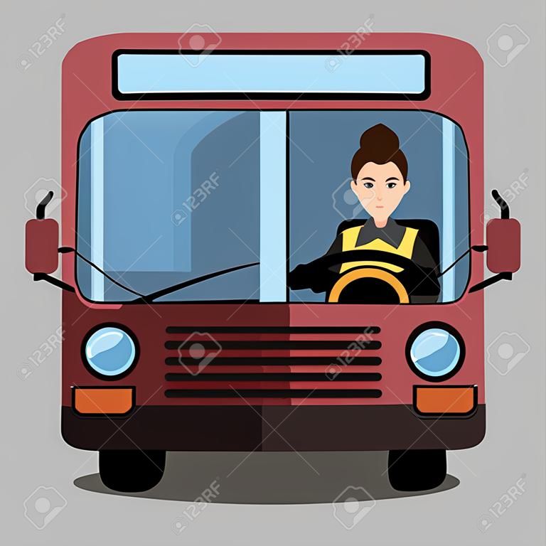 버스의 운전대 뒤에 있는 여자. 여자 운전사