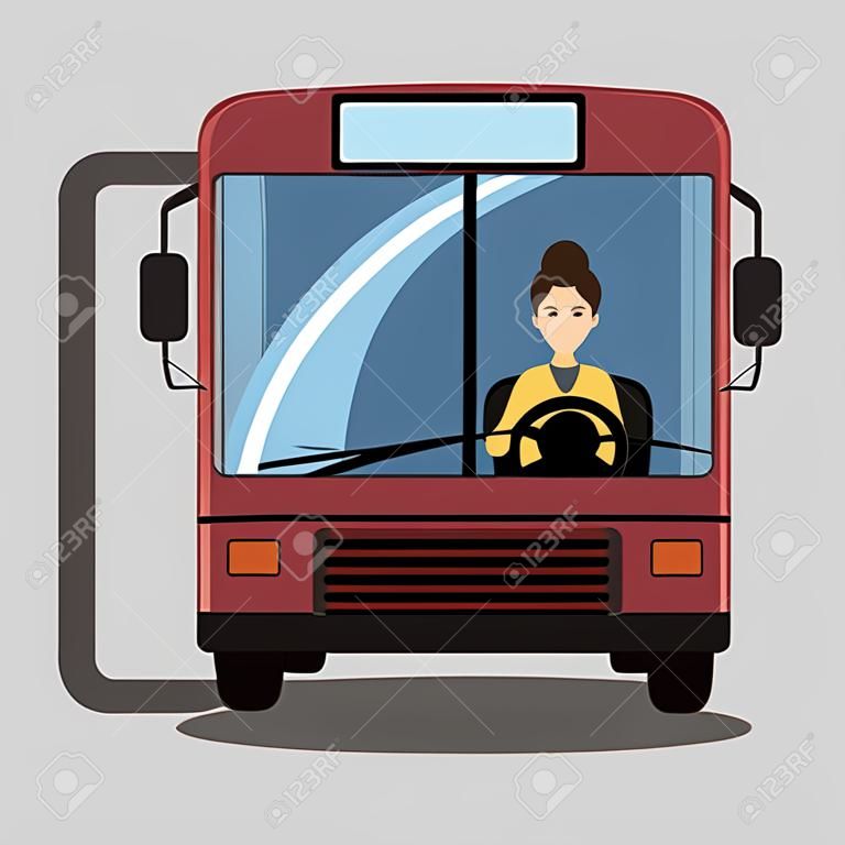 버스의 운전대 뒤에 있는 여자. 여자 운전사
