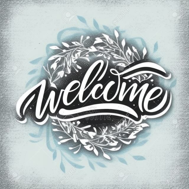 Hand sketched Welcome lettering typography. Drawn art sign. Greetings for badge, icon, card, postcard, logo, banner, tag. Celebration vector illustration for internet design. - Vector