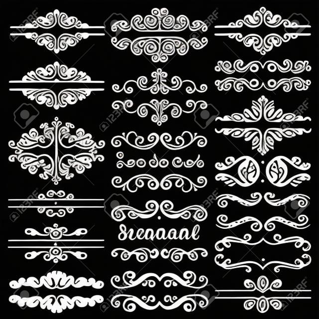Set of Hand Drawn Black Doodle Design Elements. Decorative Floral Dividers, Borders, Swirls, Scrolls, Text Frames. Vintage Vector Illustration.