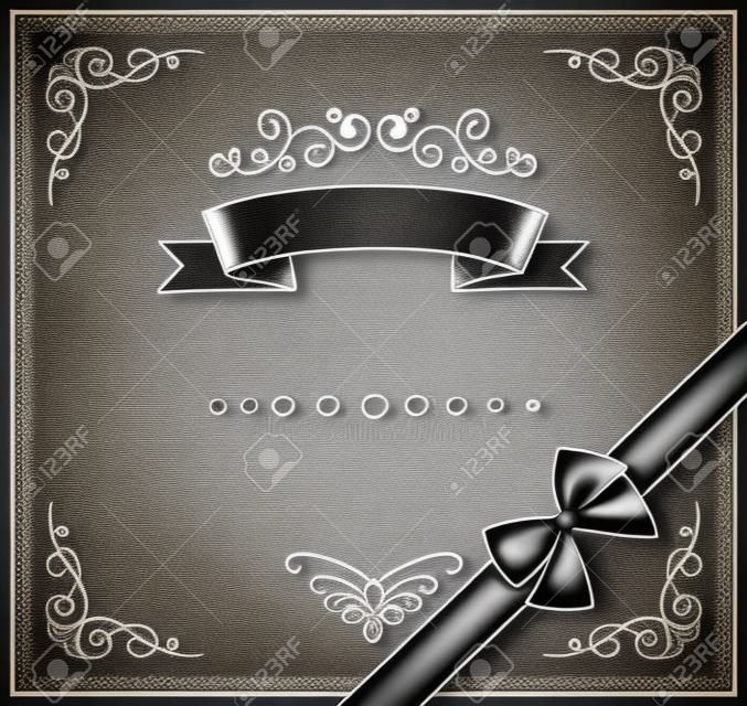 Chalkboard Invitation Greeting Card with Realistic Bow and Ribbon. Decorative Vintage Chalk Drawing Design Elements. Frames, Dividers, Swirls. Vector Illustration