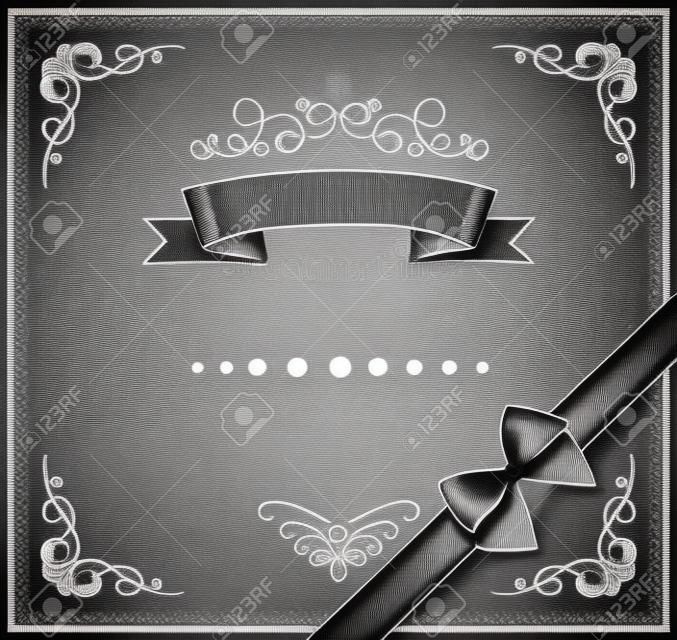 Chalkboard Invitation Greeting Card with Realistic Bow and Ribbon. Decorative Vintage Chalk Drawing Design Elements. Frames, Dividers, Swirls. Vector Illustration