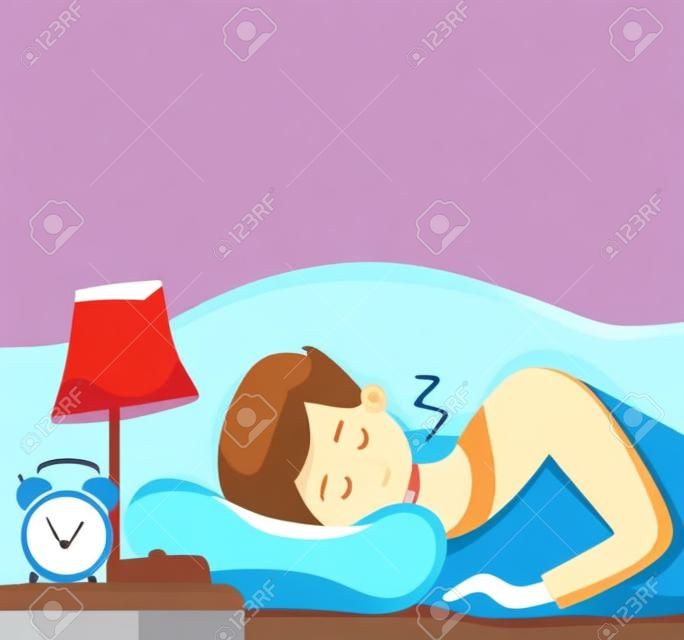 Boy kid sleep in bed at night vector illustration. Child in pajama having a sweet dream in bedroom