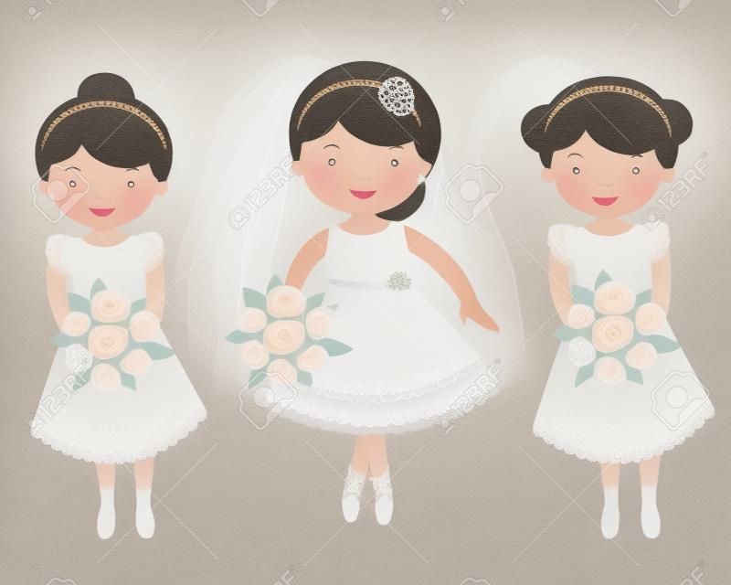 Een illustratie van Mooie bruid met twee bruidsmeisjes