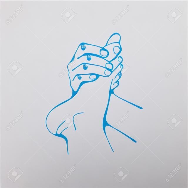 タッチプリント。女性の足を持つ男性の手。