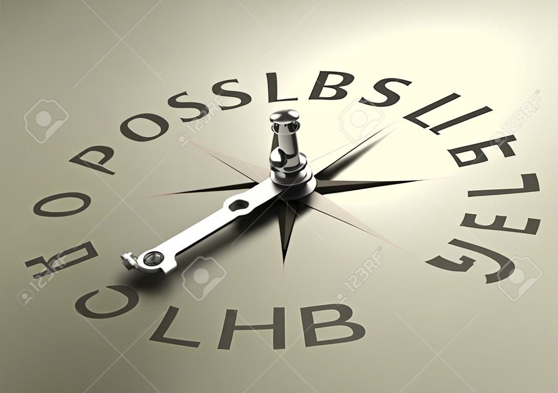 Needle of a compass pointing on the word possible, Realistic 3D render with depth of field, blurr effect on the word impossible 