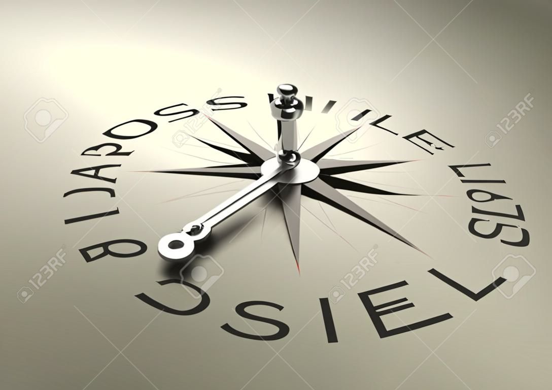 Needle of a compass pointing on the word possible, Realistic 3D render with depth of field, blurr effect on the word impossible 