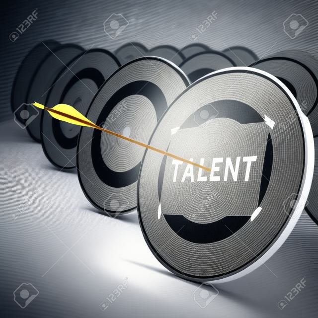 One arrow hitting the center of a grey target  A sheet of paper with the word TALENTS is fixed on it  Many other targets around the main one  Concept of talents recruitment    