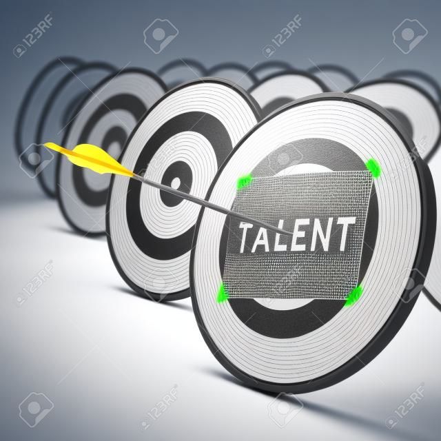 One arrow hitting the center of a grey target  A sheet of paper with the word TALENTS is fixed on it  Many other targets around the main one  Concept of talents recruitment    