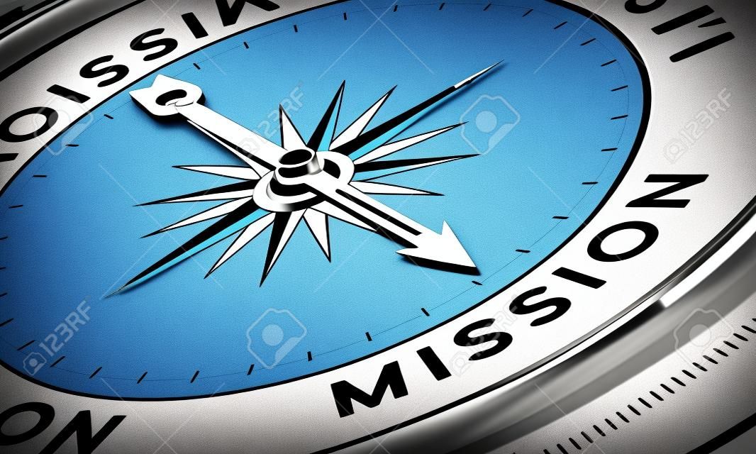 Bússola com agulha apontando a palavra missão. Ilustração conceitual parte um de uma declaração da empresa, Missão, Visão e Valor.