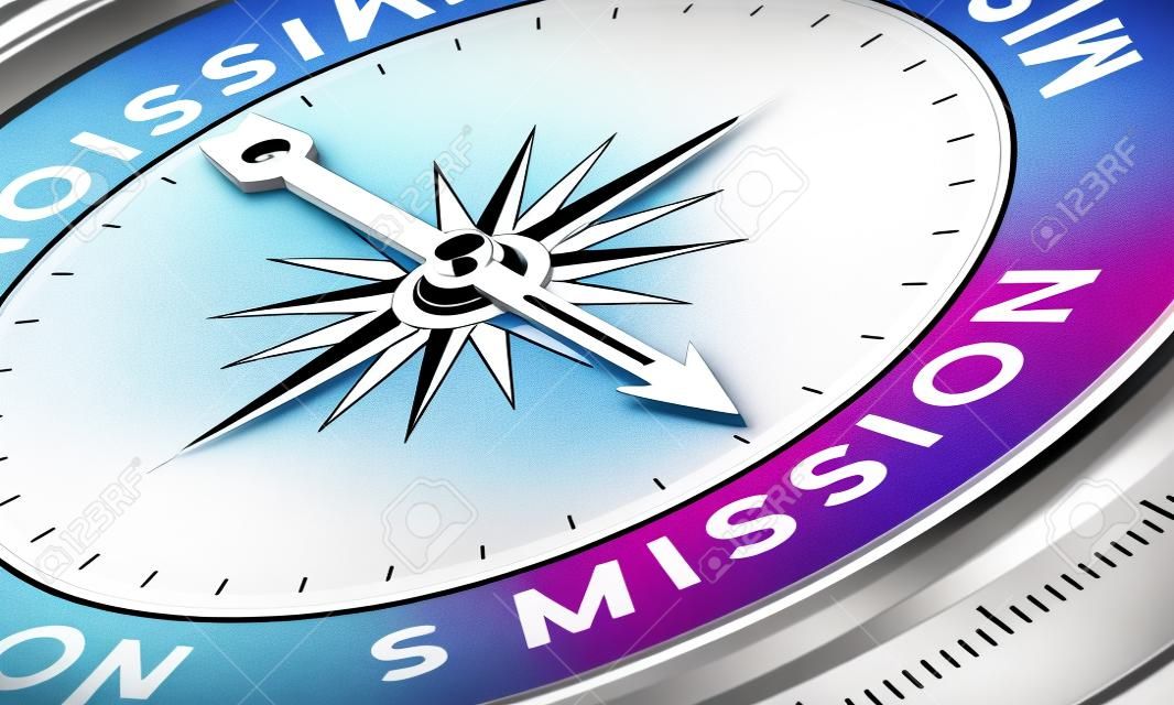 Boussole avec l'aiguille pointant le mot mission. Illustration conceptuelle de la première partie d'un communiqué de la compagnie, Mission, Vision et Valeur.