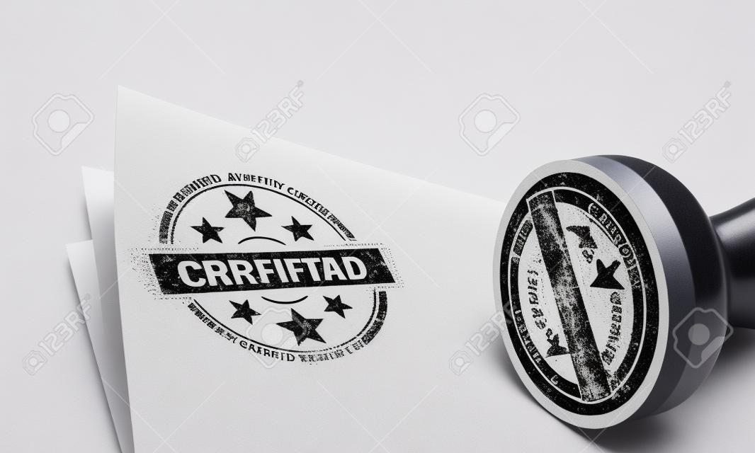 Stempel über Blatt Papier mit dem Wort auf ihm aufgeprägt zertifiziert. Konzept-Bild zur Illustration der Echtheitszertifikat. Weißer Hintergrund und Blur-Effekt.