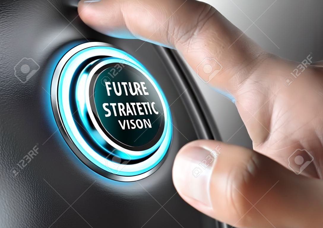 Finger sur le point d'appuyer sur le bouton avenir avec la lumière bleue sur fond noir et gris. Concept image d'illustration de changement ou de vision stratégique.
