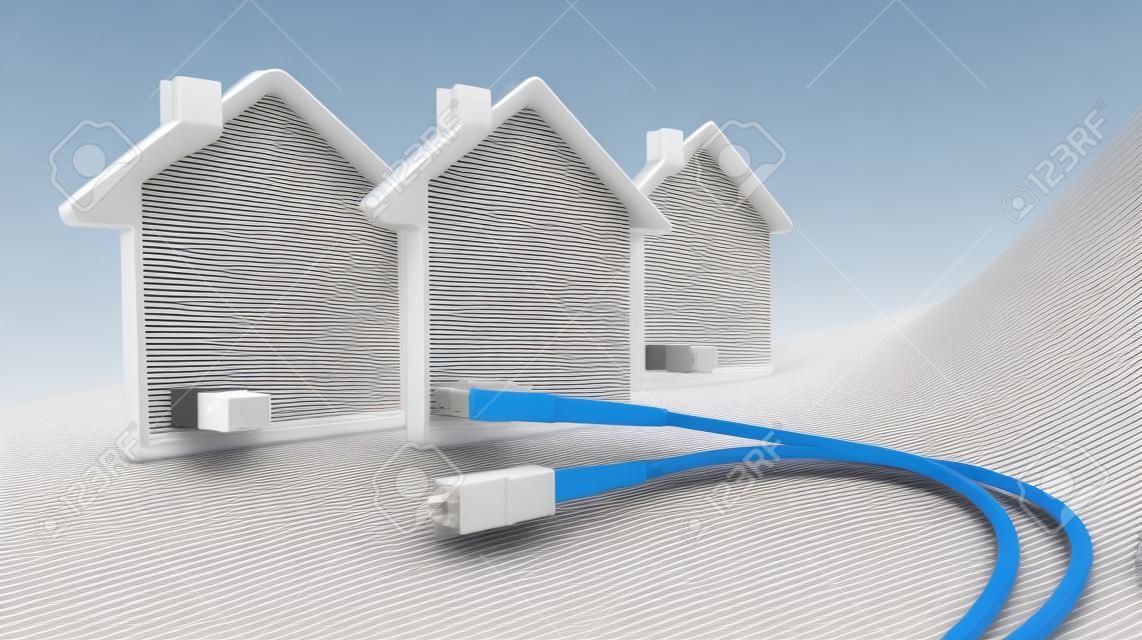 3D illustratie van een FTTH-netwerk voor hoge breedbandtoegang over witte achtergrond