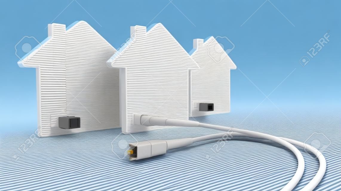 Ilustración 3D de una red FTTH para el acceso de banda ancha de alta sobre el fondo blanco