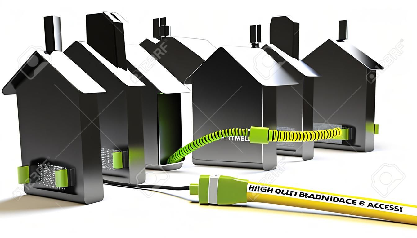 illustrazione 3D di una rete FTTH per alta accesso a banda larga su sfondo bianco