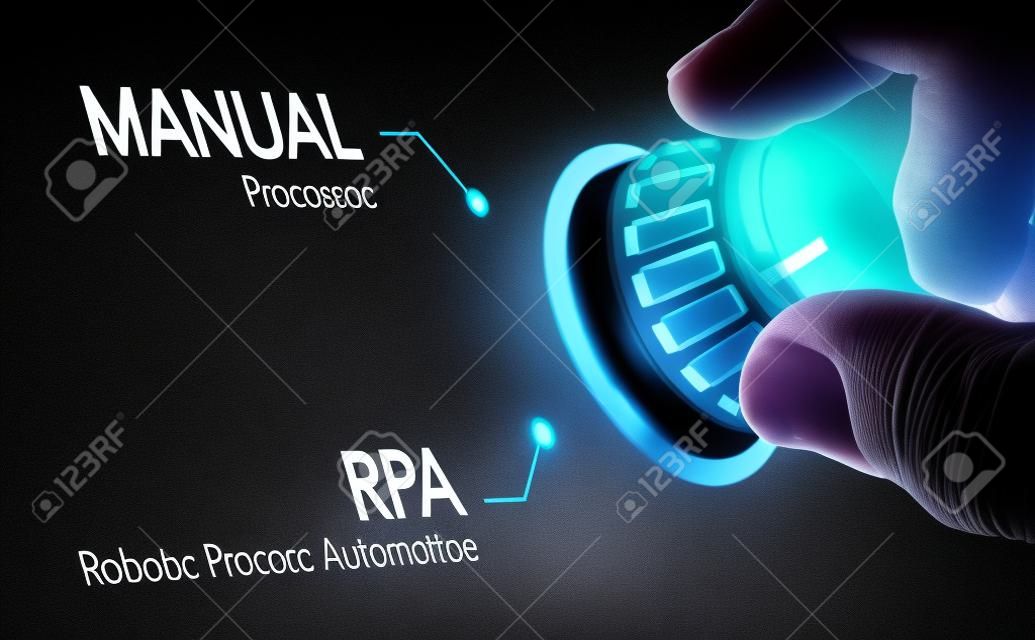Hand turning a knob over dark grey background and selecting RPA (Robotic Process Automation) mode. Artificial Intelligence concept. Composite image between a hand photography and a 3D background.