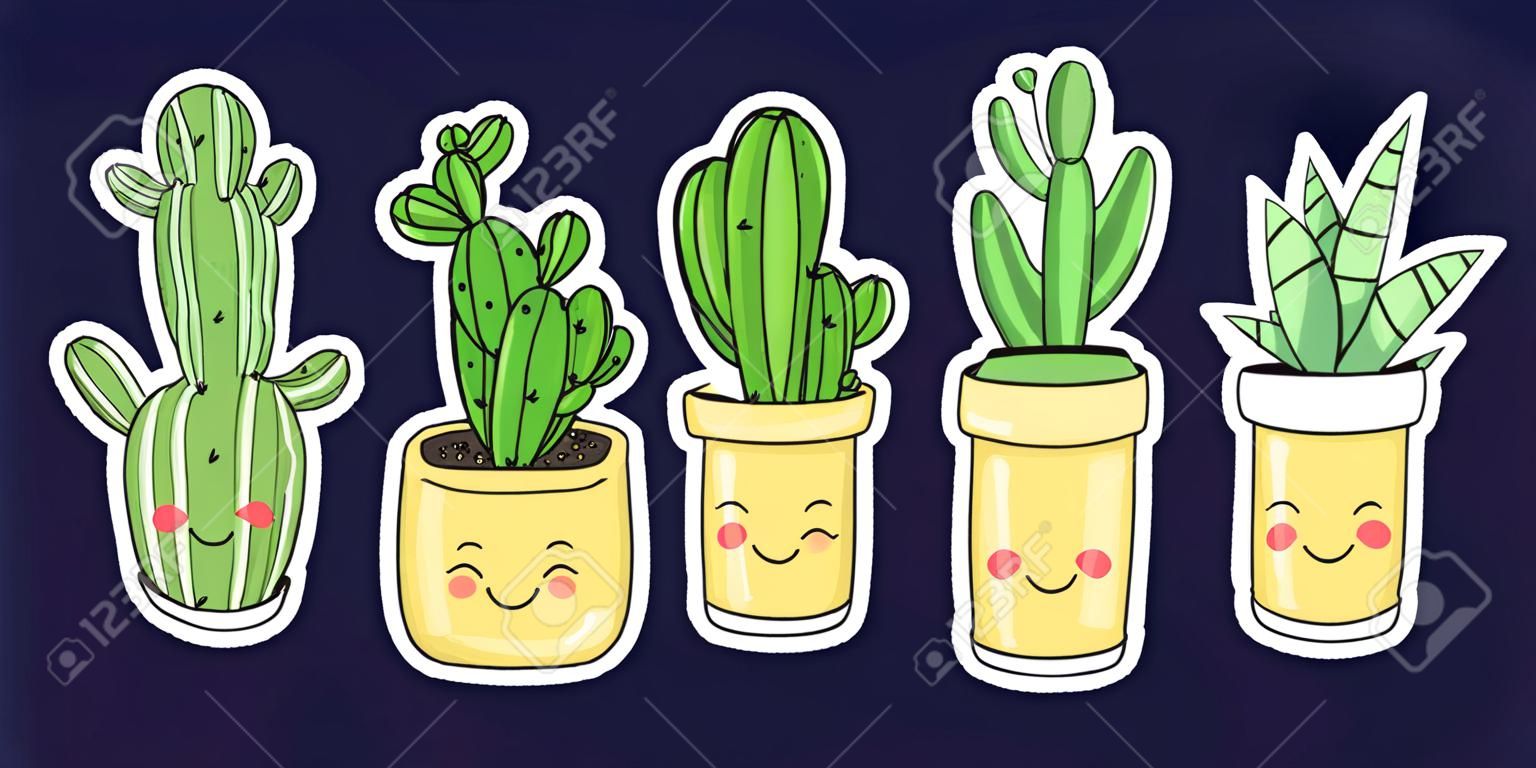 Kaktus soczysty ładny ikony doodle z uśmiechami roślin w doniczce kolorowy urocza kreskówka wektor zestaw
