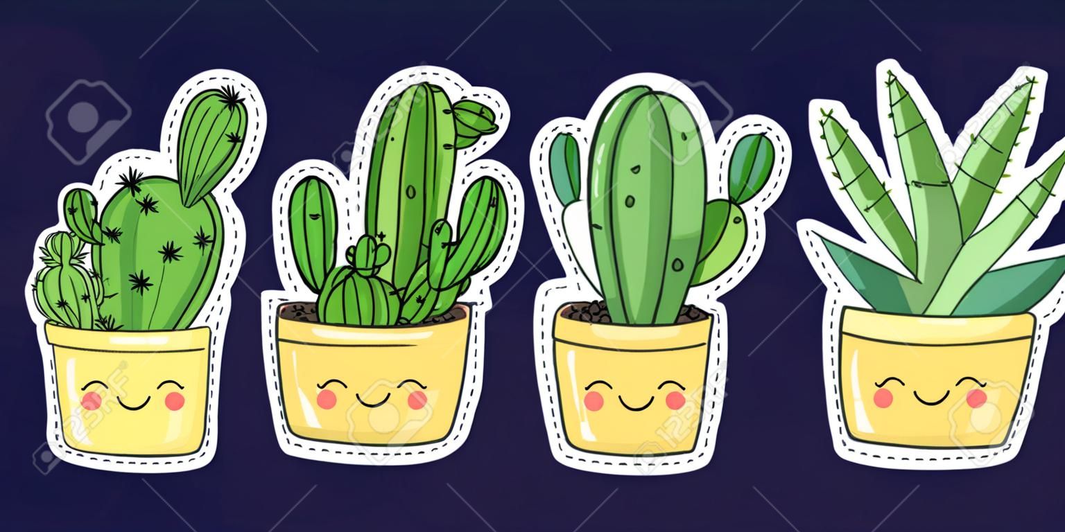 Kaktus soczysty ładny ikony doodle z uśmiechami roślin w doniczce kolorowy urocza kreskówka wektor zestaw