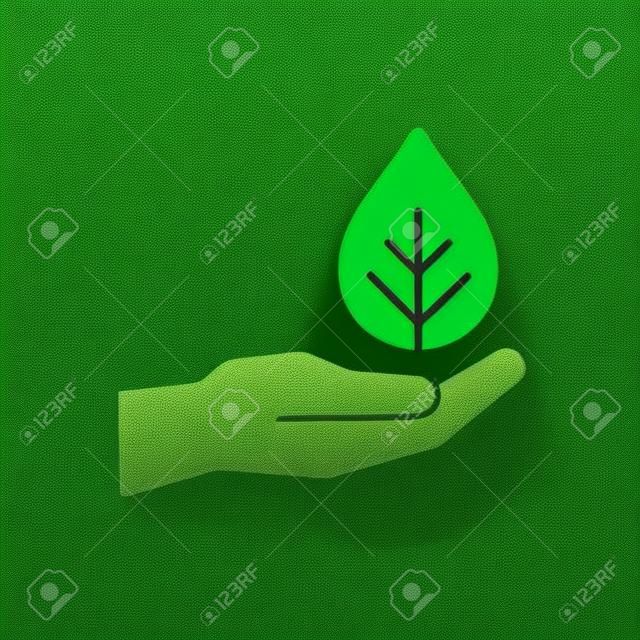Isolated icon of green plant in black hand on white background. Silhouette of leaf and hand. Symbol of care, protection, charity. Flat design