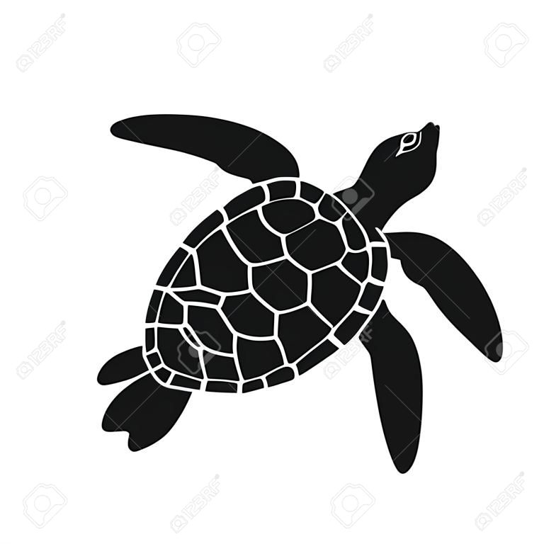 Isolated black silhouette of marine green turtle with white lines on white background. Top view. View from above
