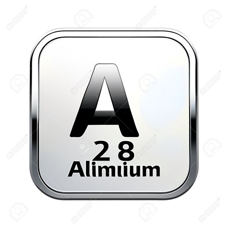 アルミニウム記号。銀フレームの光沢のある白い背景上の周期表の化学元素。ベクターの図。