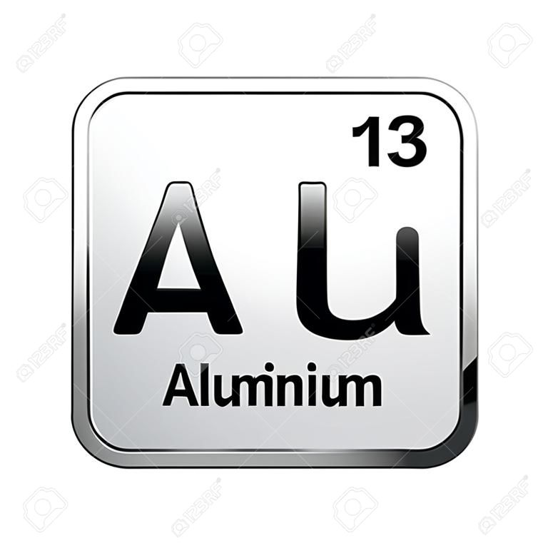 Símbolo de alumínio. Elemento químico da tabela periódica em um fundo branco brilhante em um quadro de prata. Ilustração do vetor.