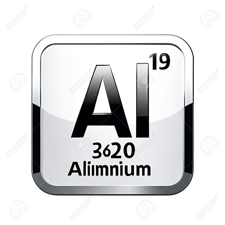 Symbol aluminium. Pierwiastek chemiczny układu okresowego na błyszczącym białym tle w srebrnej ramie.Ilustracja wektorowa.