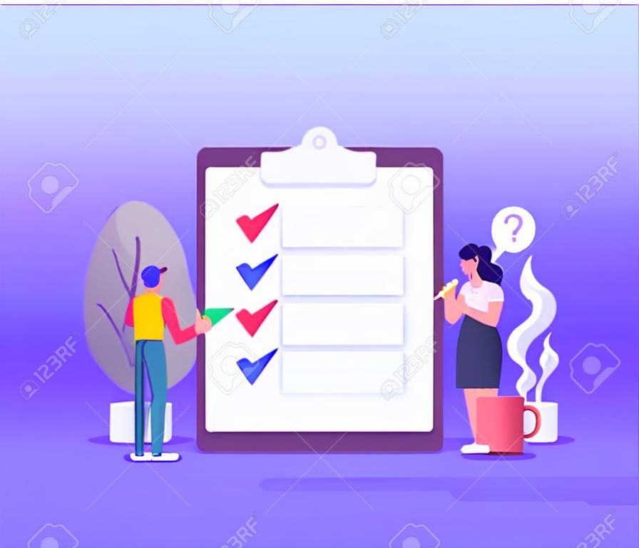 Customer Review. People Standing with Pencil Choosing Answer or Giving Feedback and Opinion in Survey Form. Concept of Client Feedback, Quality Test, Checklist. Vector illustration for Web Design