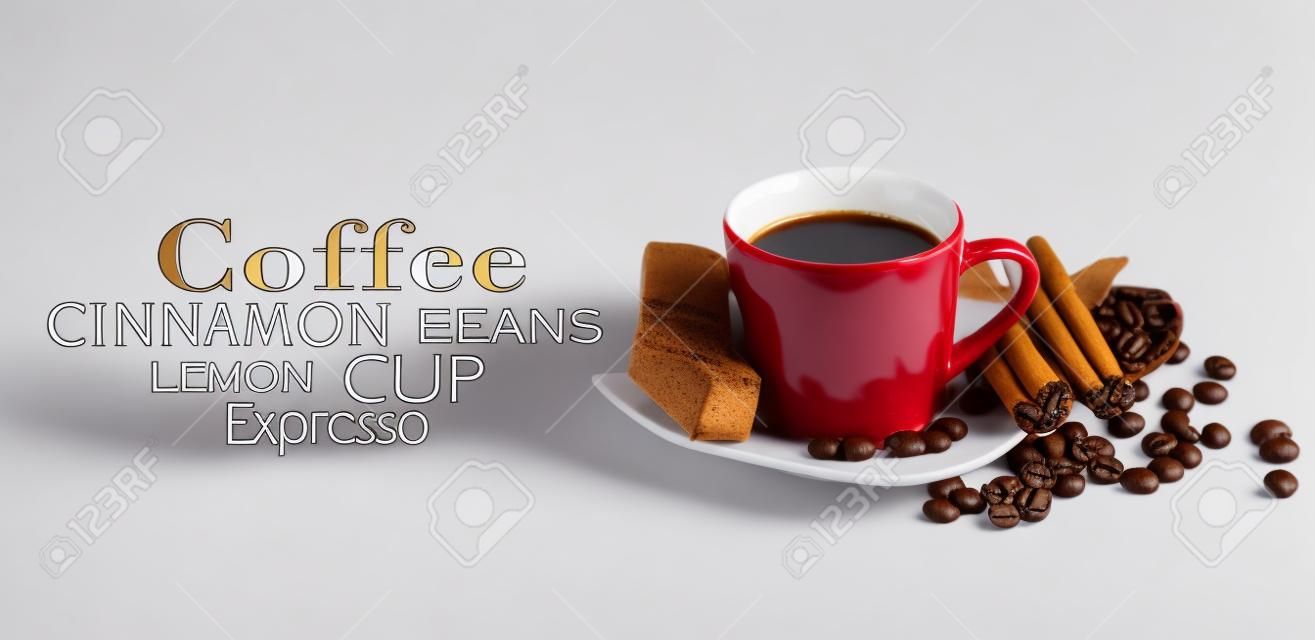 Kopje koffie met ingrediënten op een witte achtergrond