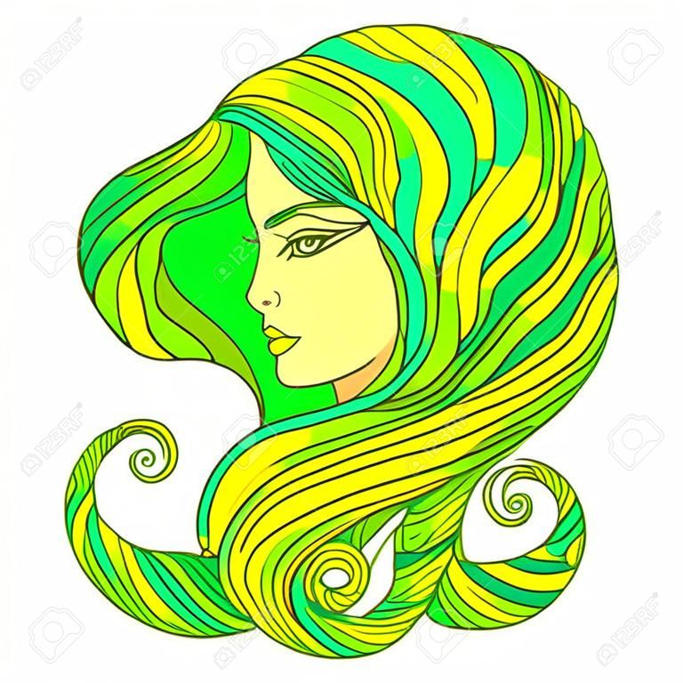 緑の髪の森妖精シャーマンと美しいファンタジーの女性。分離パターン。木の自然の精神。シュールな素晴らしい女の子。落書きスタイル。ベクトル手描き緑の女性のイラスト。