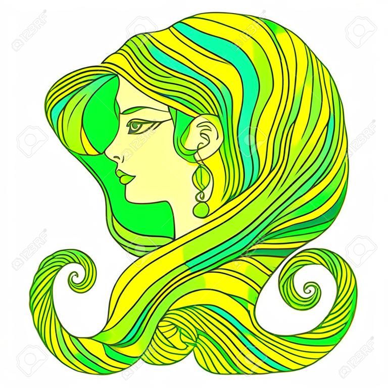 Mujer hermosa fantasía con chamán de hadas del bosque de pelo verde. Patrón aislado. Espíritu de la naturaleza de madera. Chica fantástica surrealista. Estilo Doodle. Vector dibujado a mano ilustración de mujer verde.