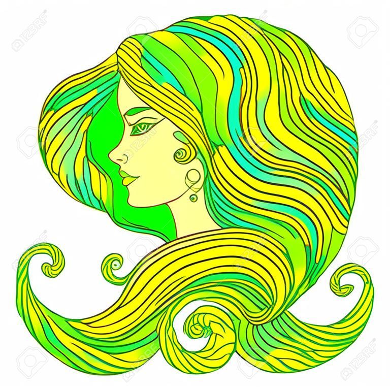 Bella donna di fantasia con lo sciamano fata della foresta di capelli verdi. Modello isolato. Spirito della natura del legno. Ragazza fantastica surreale. Stile scarabocchio. Illustrazione di donna verde disegnata a mano di vettore.