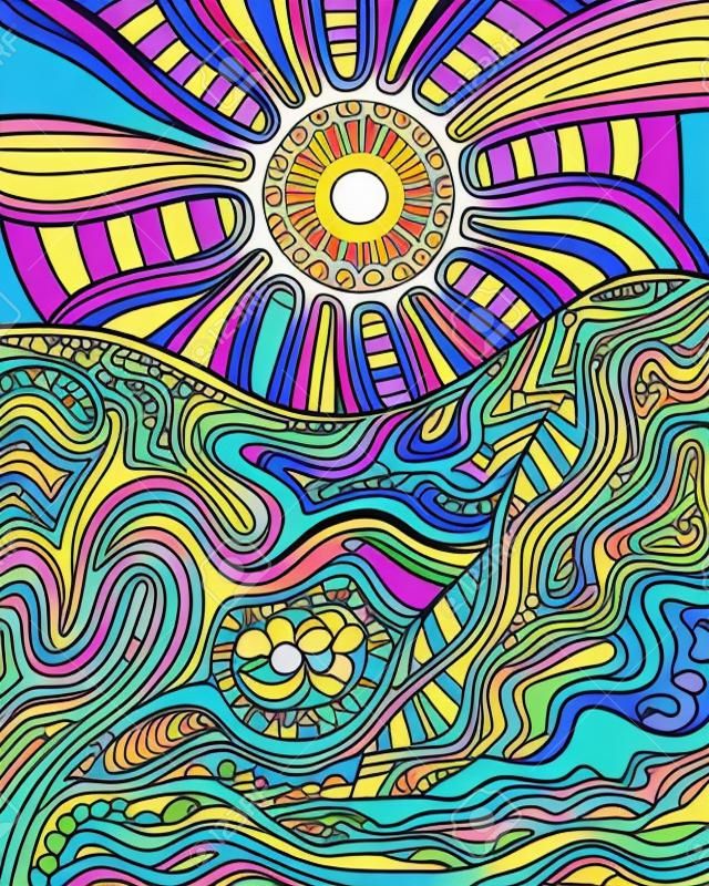 Retro hippie style psychedelic landscape with sun and mountains. Vector hand drawn cartoon bright neon colors background. Doodle style.