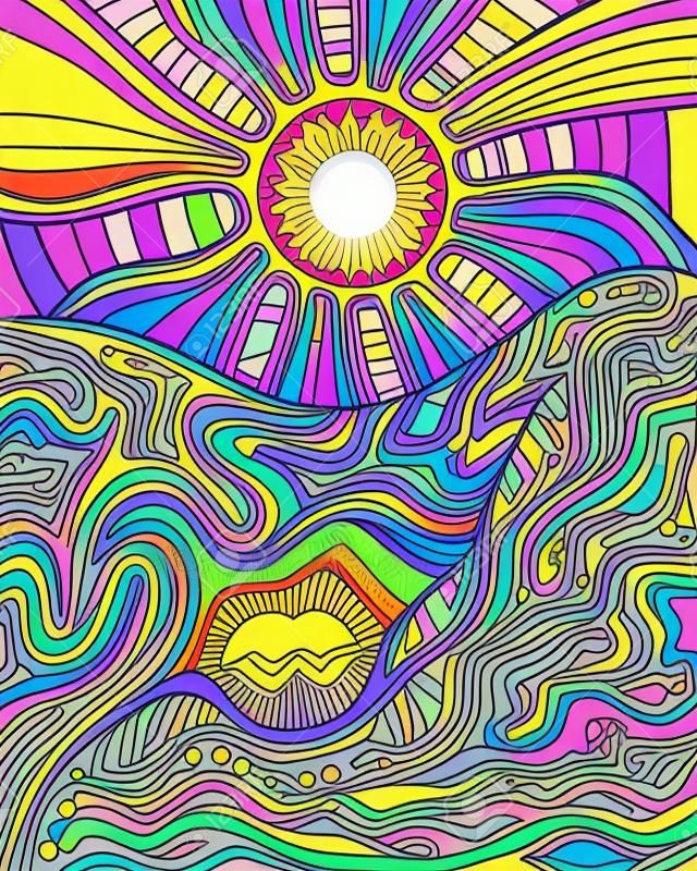 Retro hippie style psychedelic landscape with sun and mountains. Vector hand drawn cartoon bright neon colors background. Doodle style.