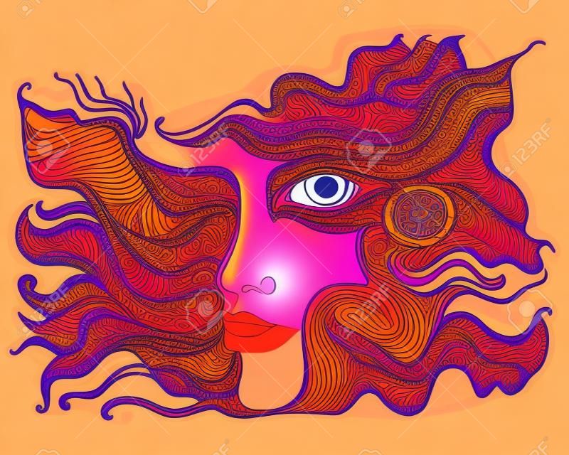 Mistyczna surrealistyczna psychodeliczna stylizowana antropomorficzna twarz ze spiralnym okiem i wieloma wzorami, pomarańczowy różowy fioletowy kolor gradientu, odizolowana na miękkim beżowym tle. stylowa kartka z niezwykłą barwną postacią. wektor ręcznie rysowane ilustracji.