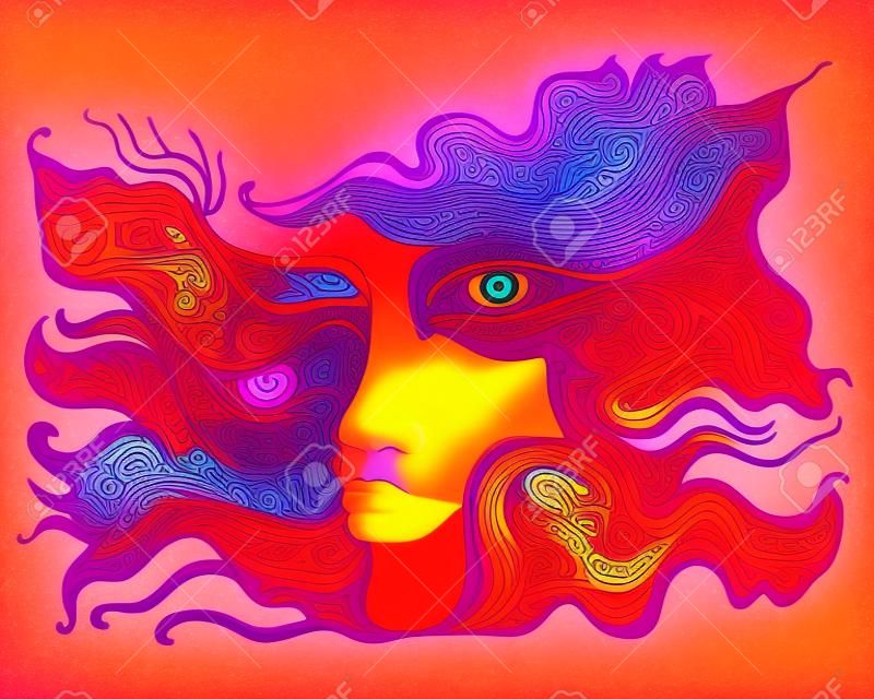 Mystical surreal psychedelic stylized anthropomorphic face with spiral eye and many patterns, orange pink purple gradient color, isolated on soft beige background. Stylish card with an extraordinary colorful person. Vector hand drawn illustration.