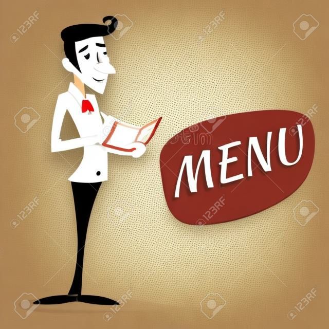 Vintage Waiter Garcon Accepts Order Symbol Restaurant Menu Icon on Stylish Background Retro Cartoon Design Vector Illustration