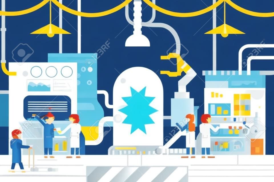 scientific laboratory experiments experience scientists work in front of control panel analysis production development study business flat design concept illustration