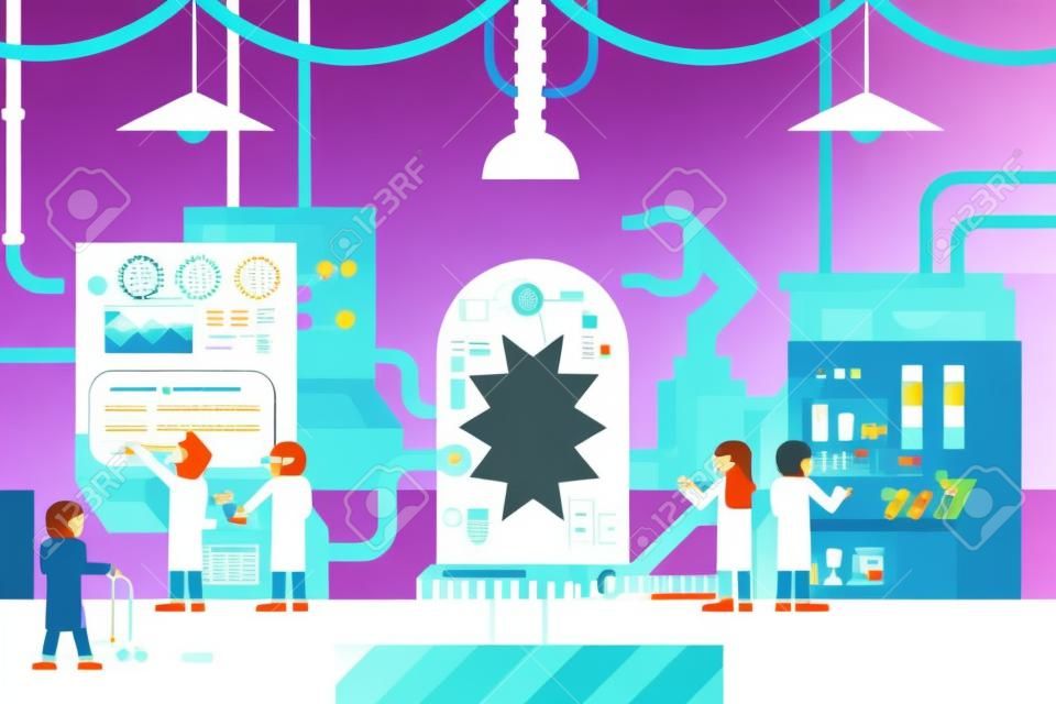 scientific laboratory experiments experience scientists work in front of control panel analysis production development study business flat design concept illustration