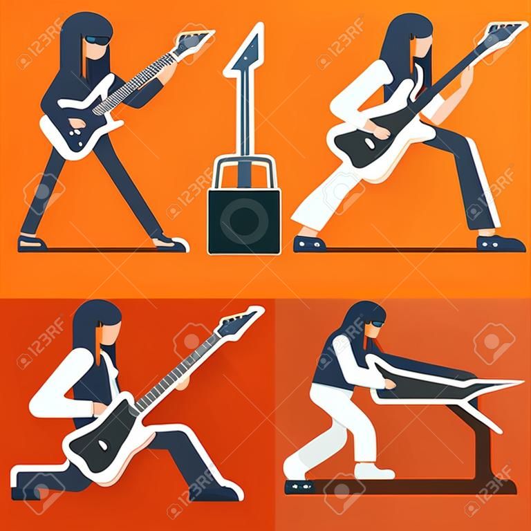 Electric Guitar Icon Guitarist Hard Rock Heavy Folk Music Background Flat Design Illustration