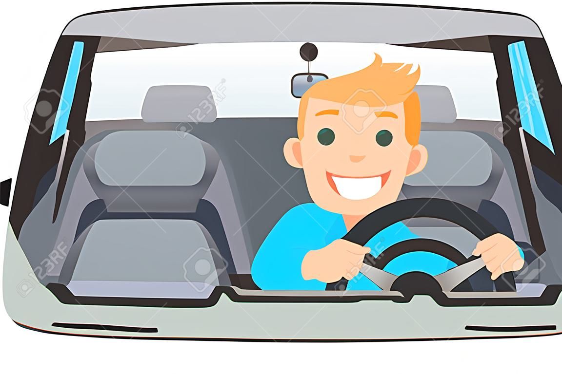 Vehicle interior driver car wheel ride driving isolated flat illustration