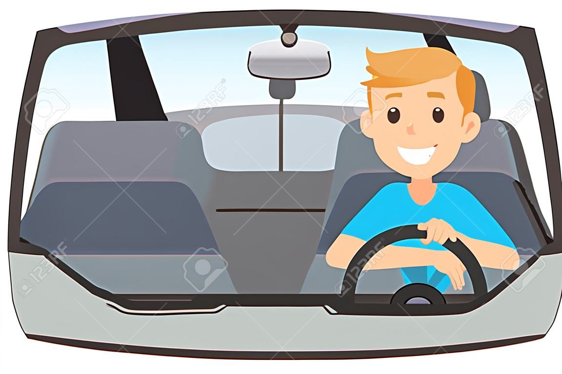 Vehicle interior driver car wheel ride driving isolated flat illustration