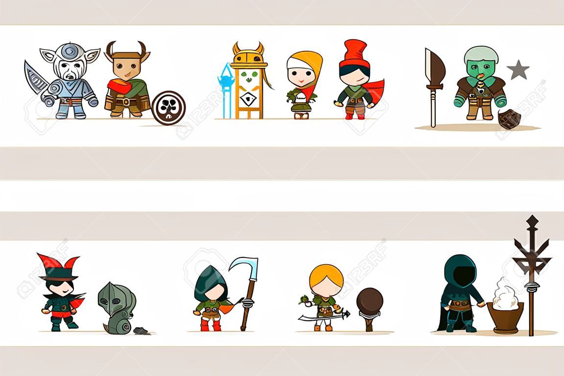 Lineart Male Female Fantasy RPG Game Character Vector Icons Set Vector Illustration