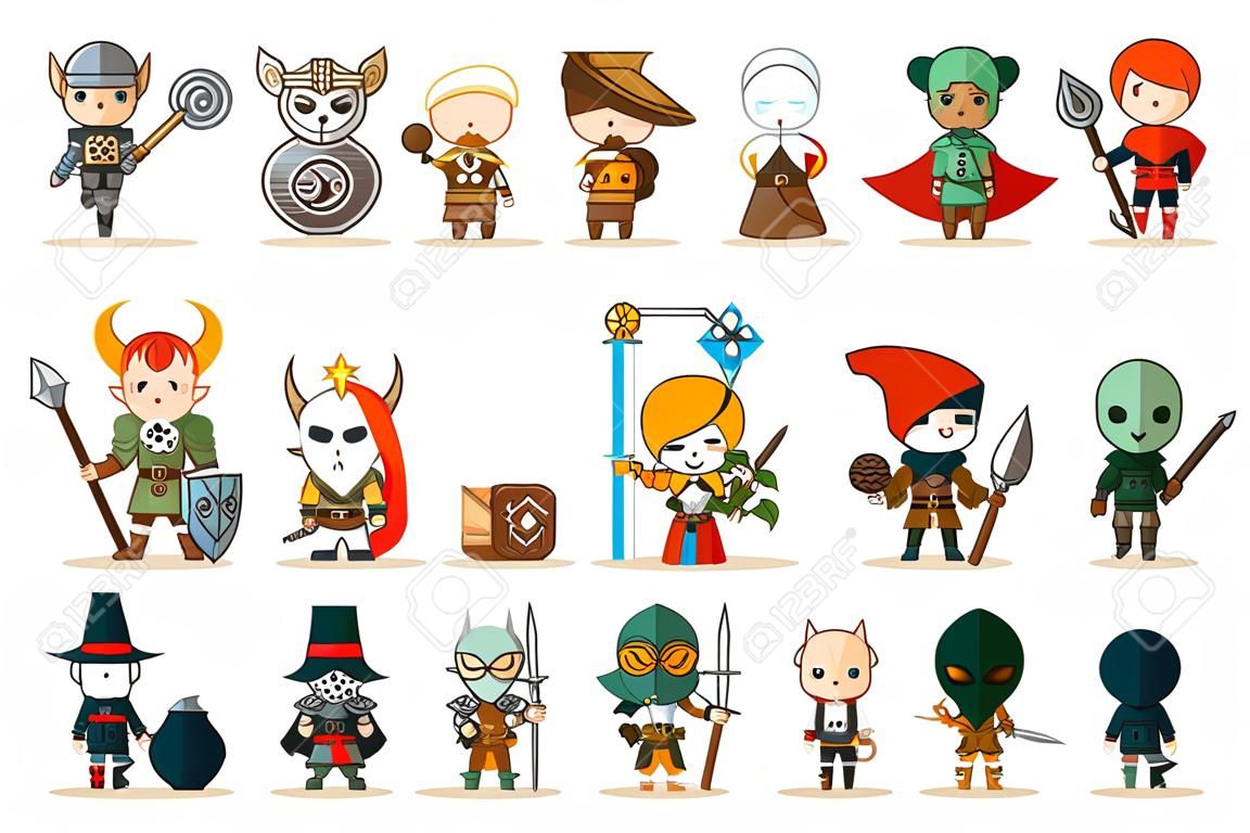 Lineart Male Female Fantasy RPG Game Character Vector Icons Set Ilustración vectorial