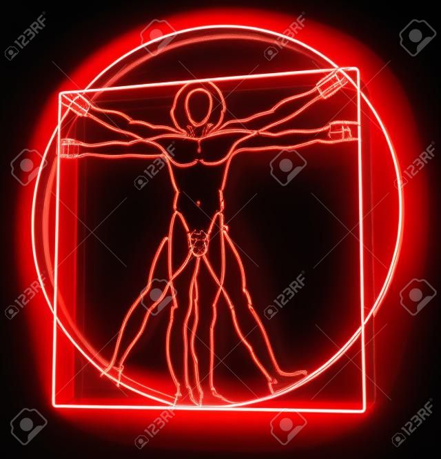 Leonardo Da Vinci s Uomo Vitruviano in un tubo al neon rosso, Homo Quadrato, il rendering 3D su sfondo nero