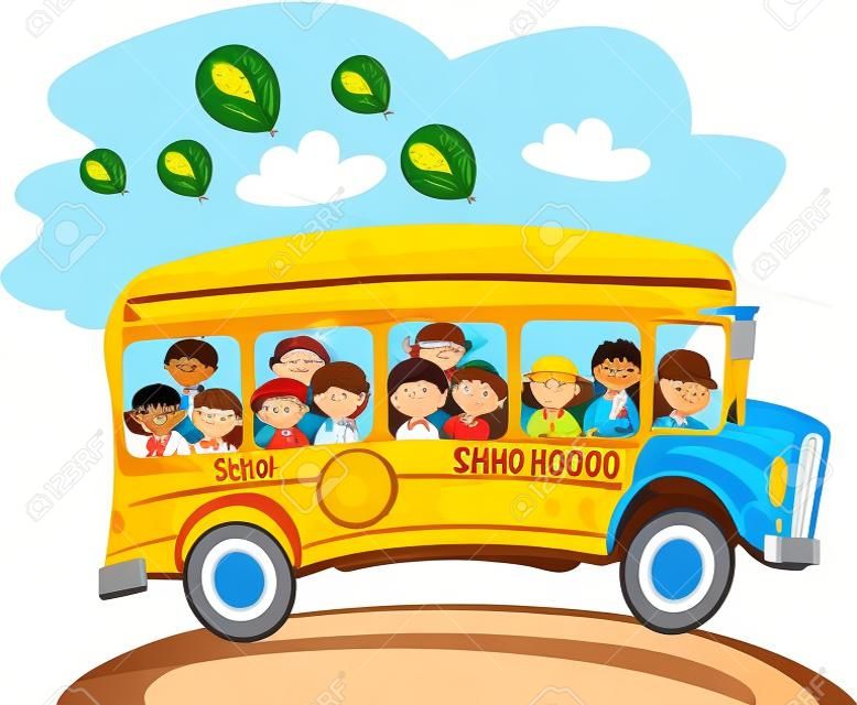 卡通學校孩子們騎著一輛校車